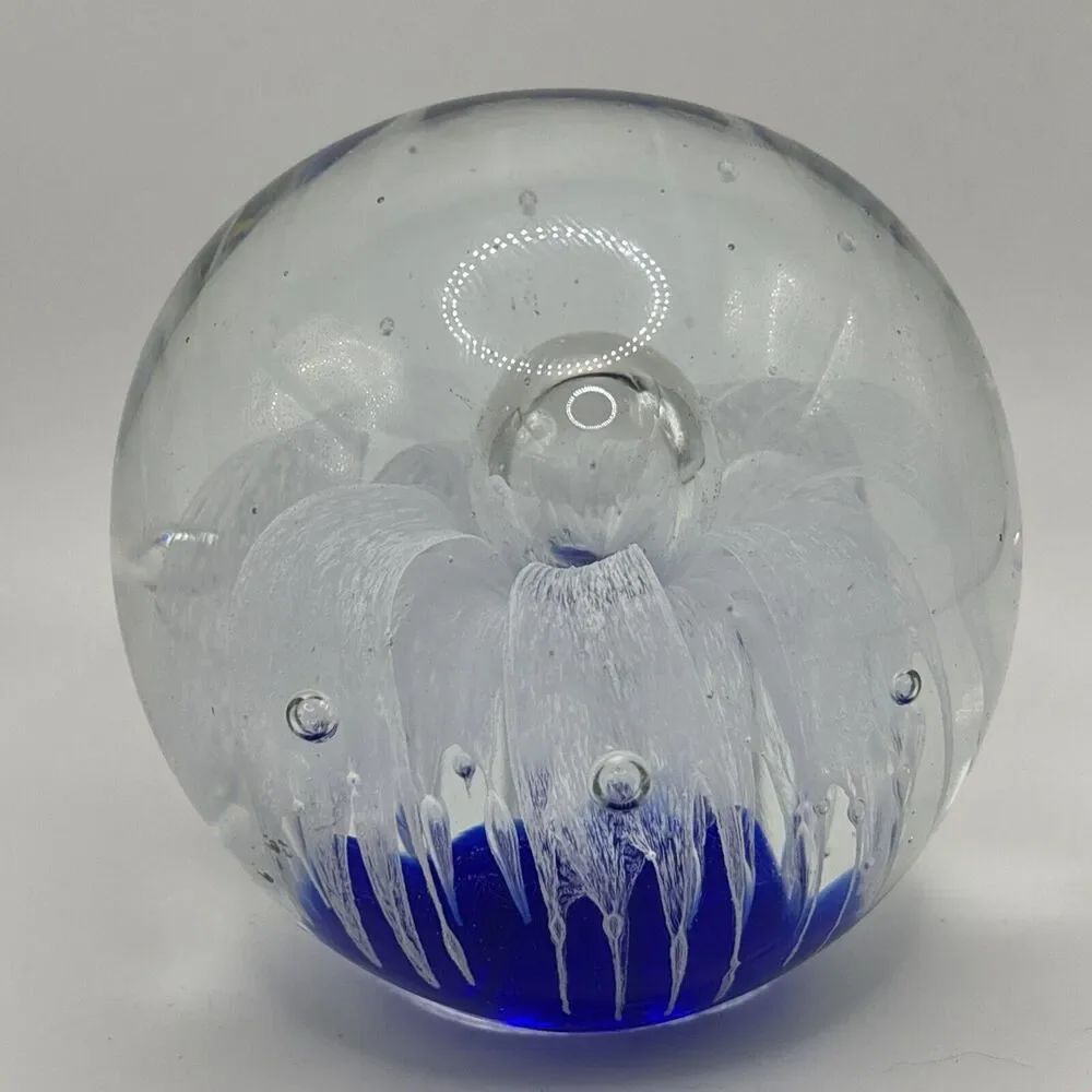 Pier 1 Art Glass Cobalt Blue Clear Paperweight White Flower Controlled Bubbles